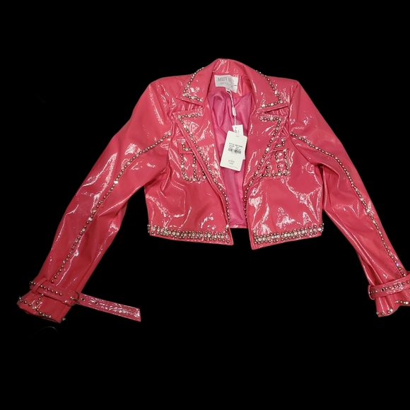 MUY MUY Hot Pink Patent Leather Embelished Rhinestone Cropped Motorcycle Jacket - Picture 4 of 7